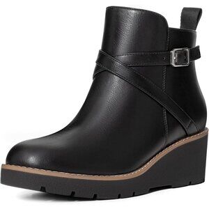 Women's Black Wedge Ankle Boots Platform Lug Sole Buckle Zip Short Booties